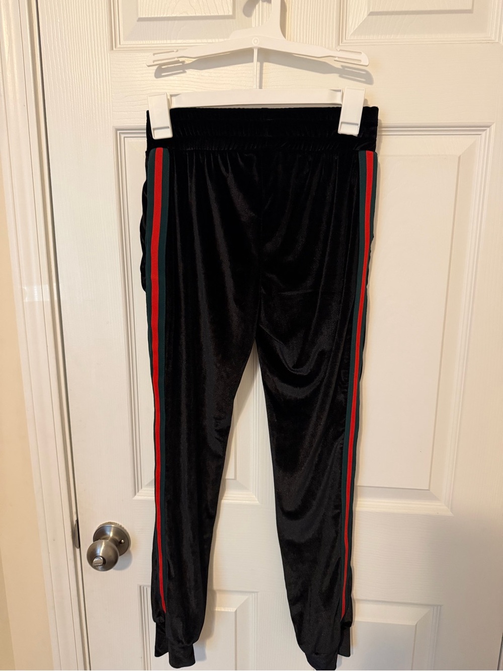 Portobello Punk Velvet Black Track Pants with Red and Green Side Stripes